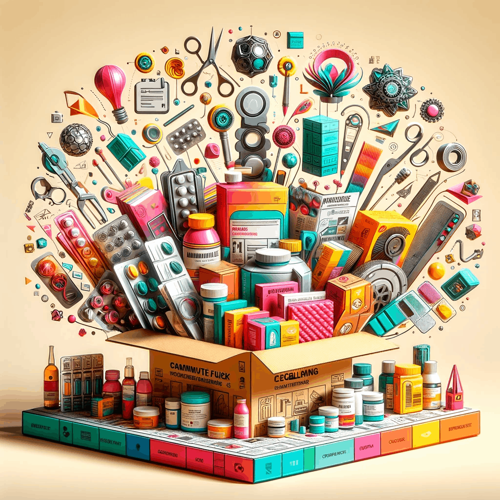 A collage of diverse, modern packaging designs demonstrating the versatility and innovation of Miniature Foldings Inc.'s outsert foldings, featuring vibrant colors and intricate designs for various industries.