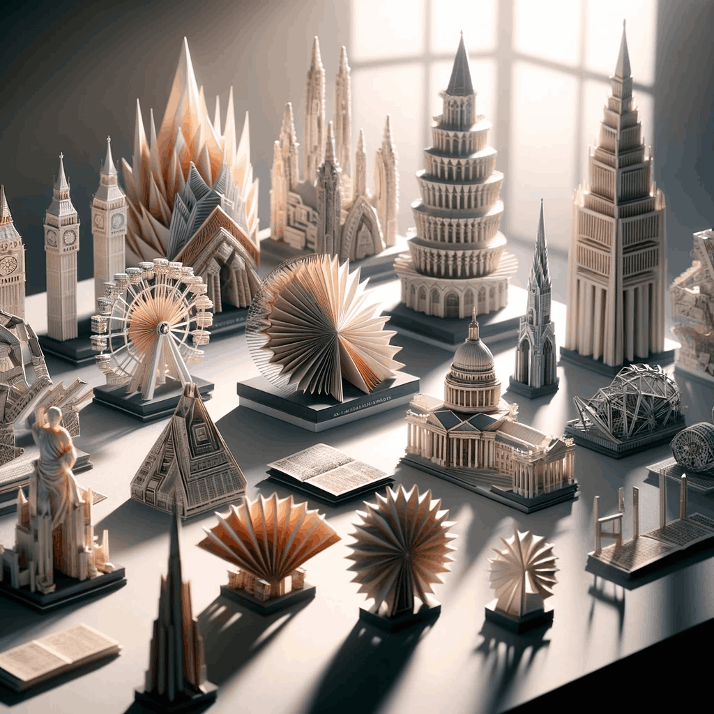 Assortment of miniature foldings on display, showcasing architectural replicas, historical scenes, and futuristic designs through the art of PI Folding.