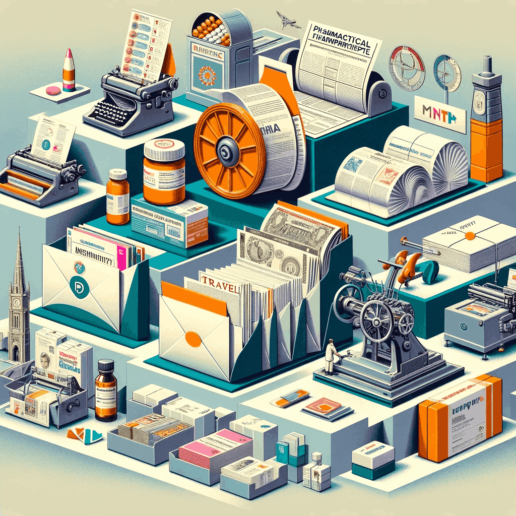 Image displaying various applications of miniature folding inserts in mailing, pharmaceutical, travel, and retail industries, highlighting the evolution from historical folding methods to advanced machinery for folding insert designs, rendered in a professional color palette
