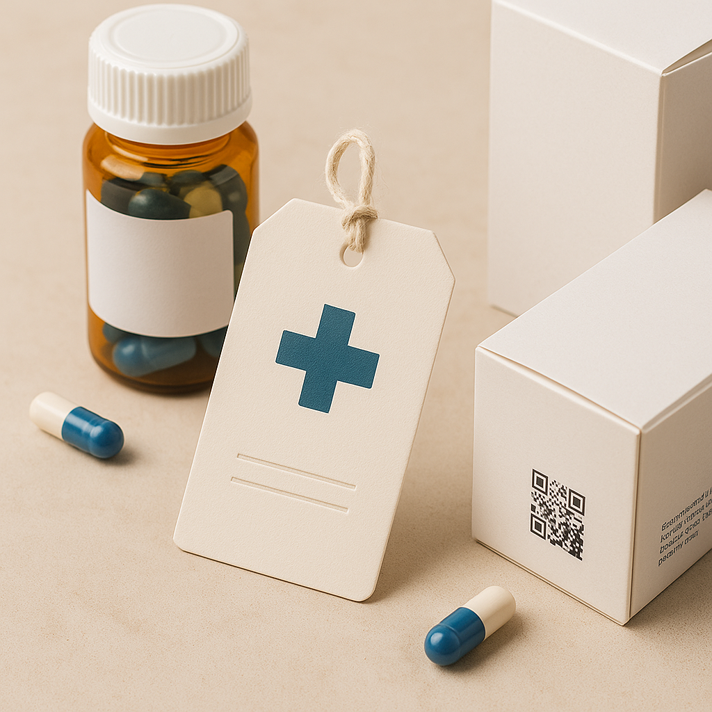 A pharmaceutical pill bottle and product boxes featuring a custom hang tag with a medical cross, representing hang tag customization for branded packaging.