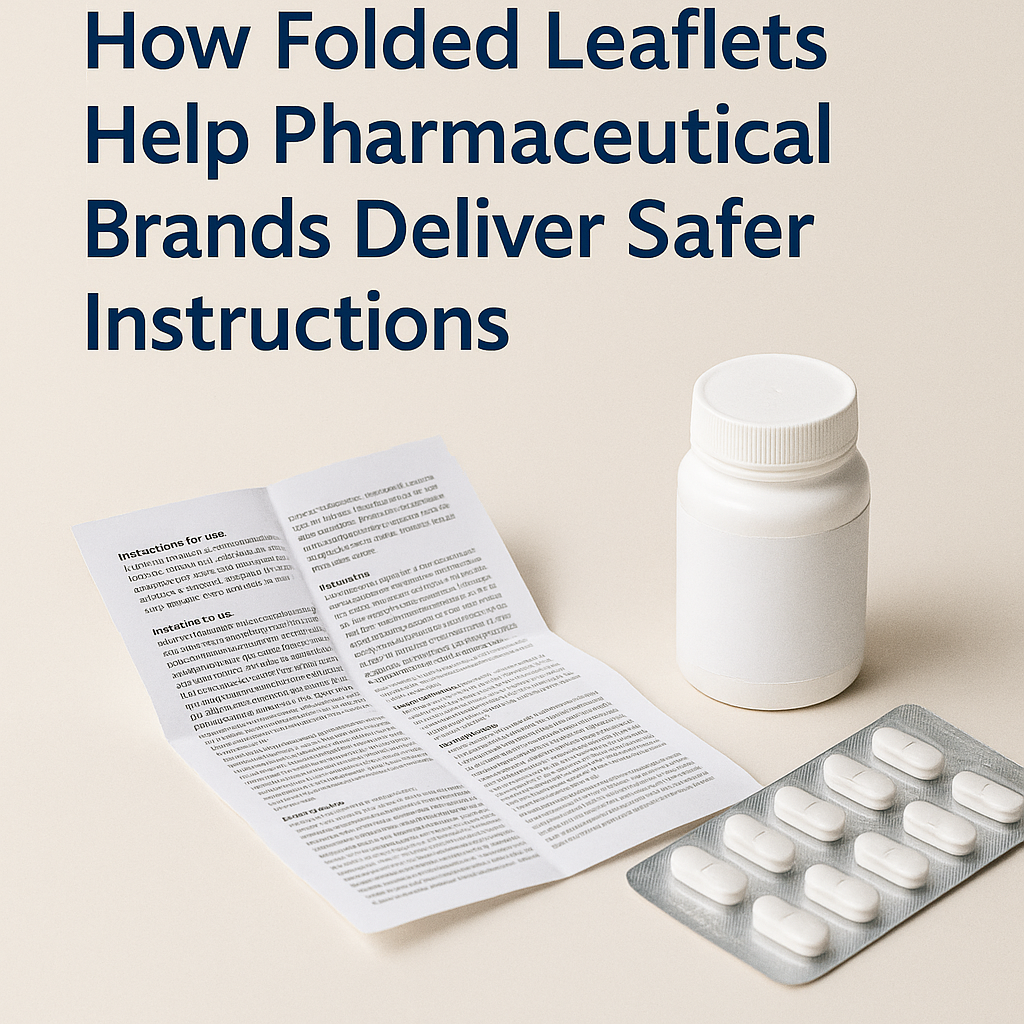 How Folded Leaflets Help Pharmaceutical Brands Deliver Safer Instructions Folded Leaflets Next To Pill Bottle Showing Pharmaceutical Packaging Instructions